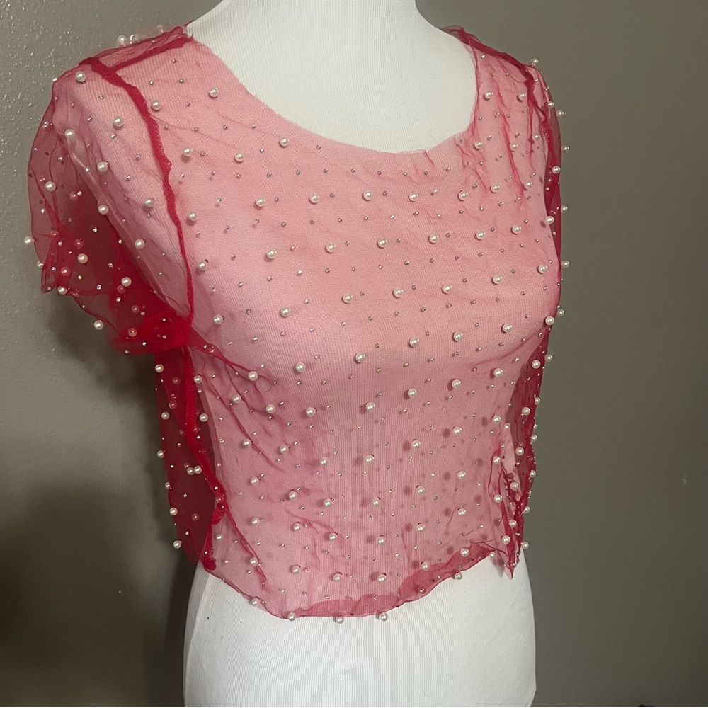 Red Pearl-Embellished Women's Top